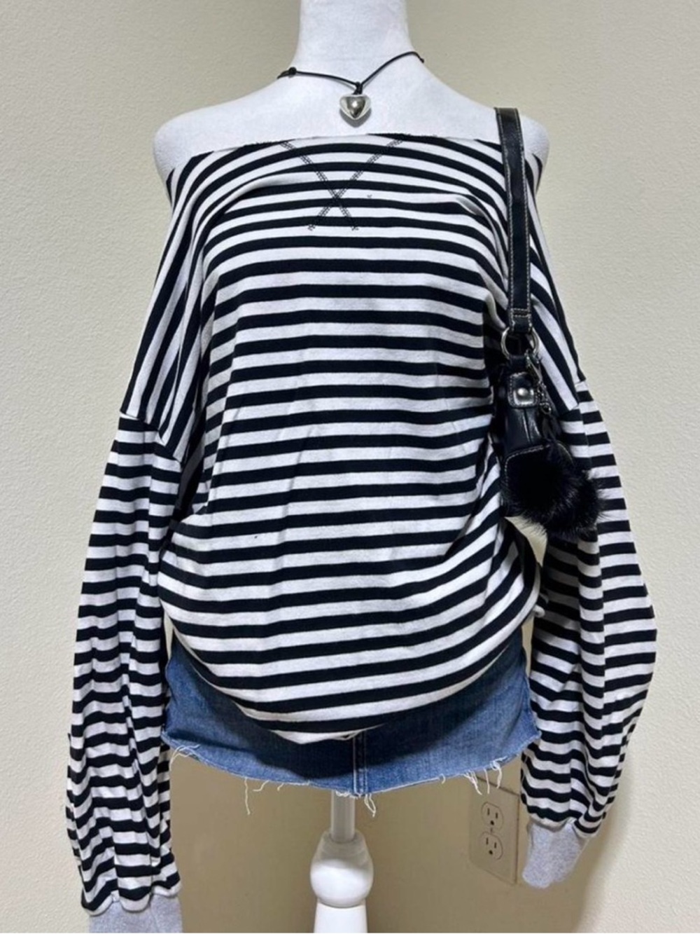 Y2K Grunge Emo Off Shoulder Striped Oversized Top